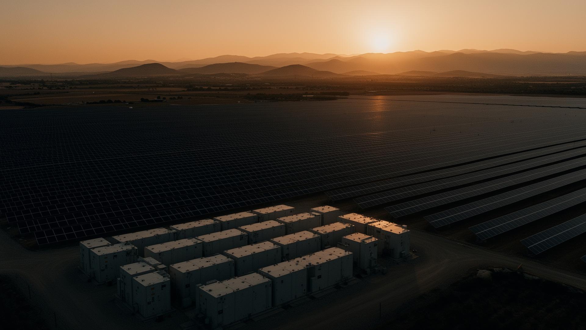 Utility-scale solar PV farm with BESS at golden hour